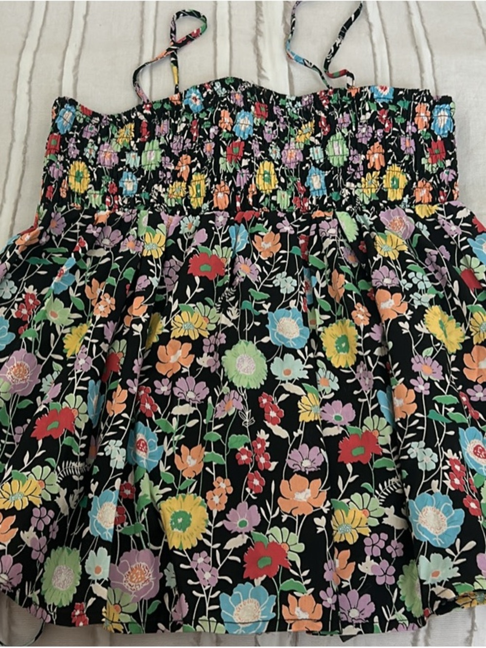Millibon Black Floral Smocked Tank Top with Multicolor Blooms